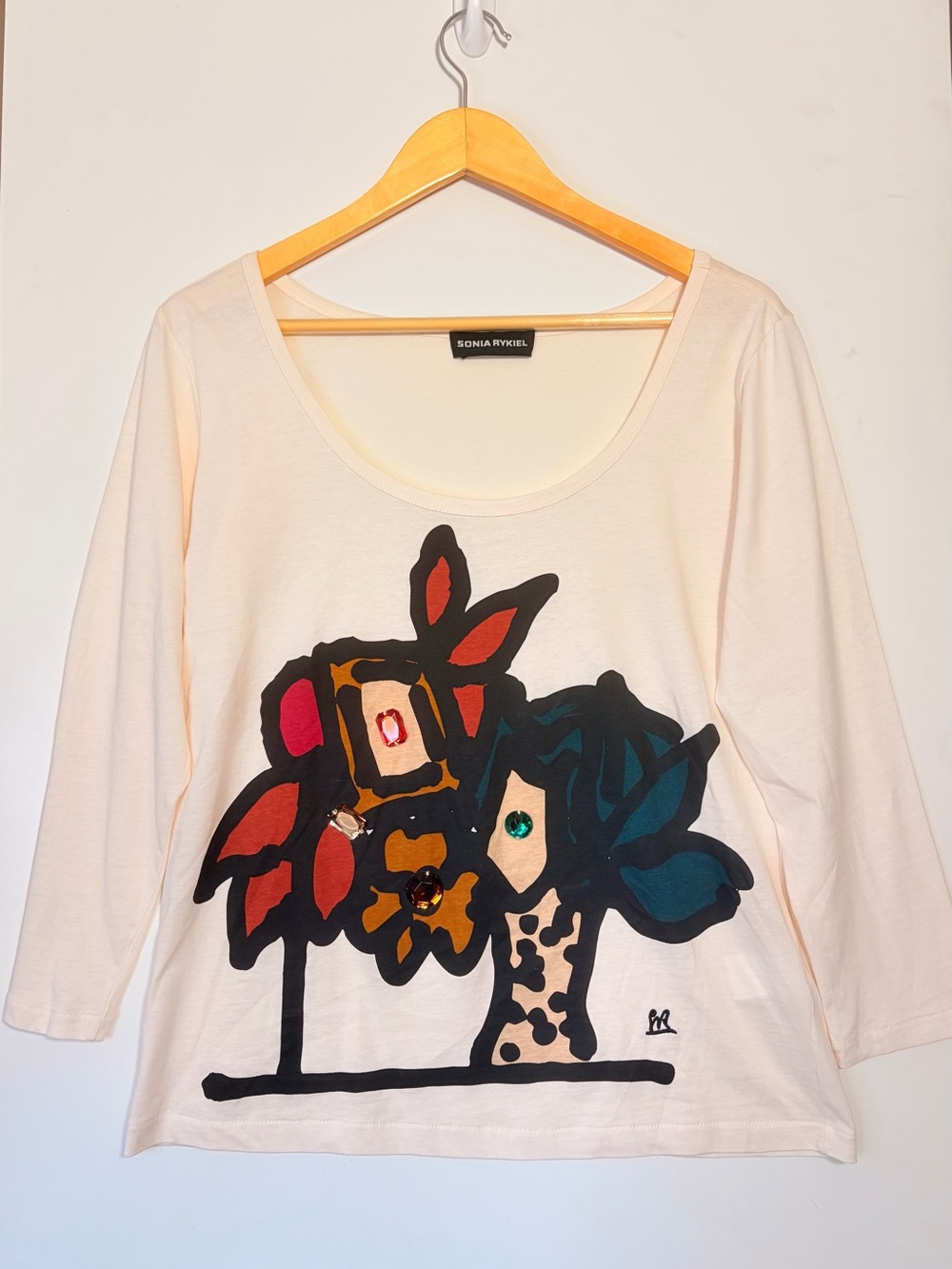 Sonia Rykiel Paris Cream Cotton 3/4 Sleeve Top L Jewel Art Print Dark Feminine